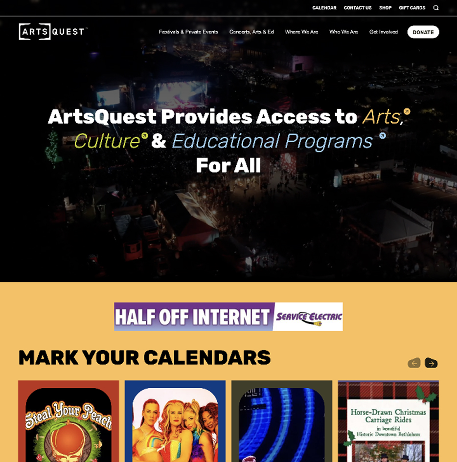 Screenshot of the ArtsQuest homepage.